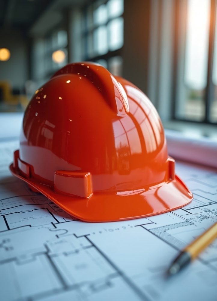 Leadership in Design and Safety Orange hard hat resting on architectural blueprints near a pencil in a sunlit office
