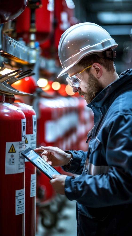 Fire Safety Technician Performing System Inspection Fire safety technician in hard hat inspecting suppression cylinders using a digital tablet